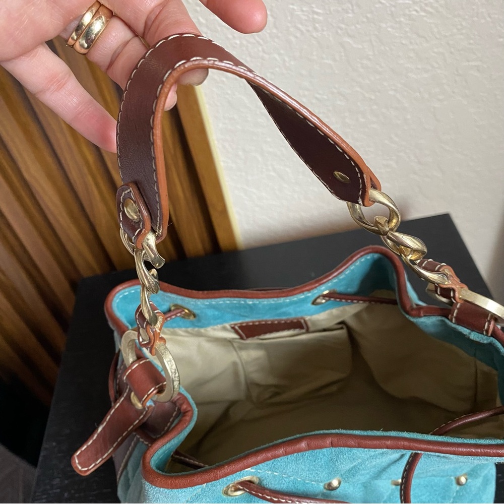 Claudia Firenze Quilted Drawstring
Nubuck Leather Handbag Studded
Bucket Bag - Picture 8 of 16